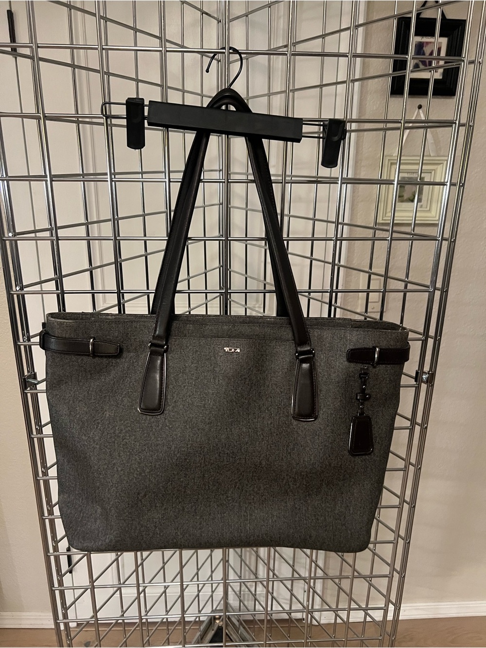 Tumi Gray Wool-Blend Laptop Tote with Black Leather Trim